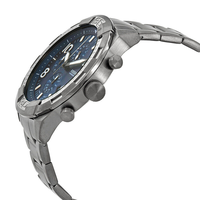 Fossil Bronson chronograph watch angled view showing blue dial and chronograph pushers