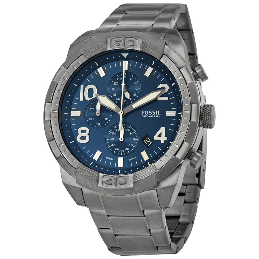 Fossil Bronson chronograph watch with blue dial, steel case, and metal bracelet