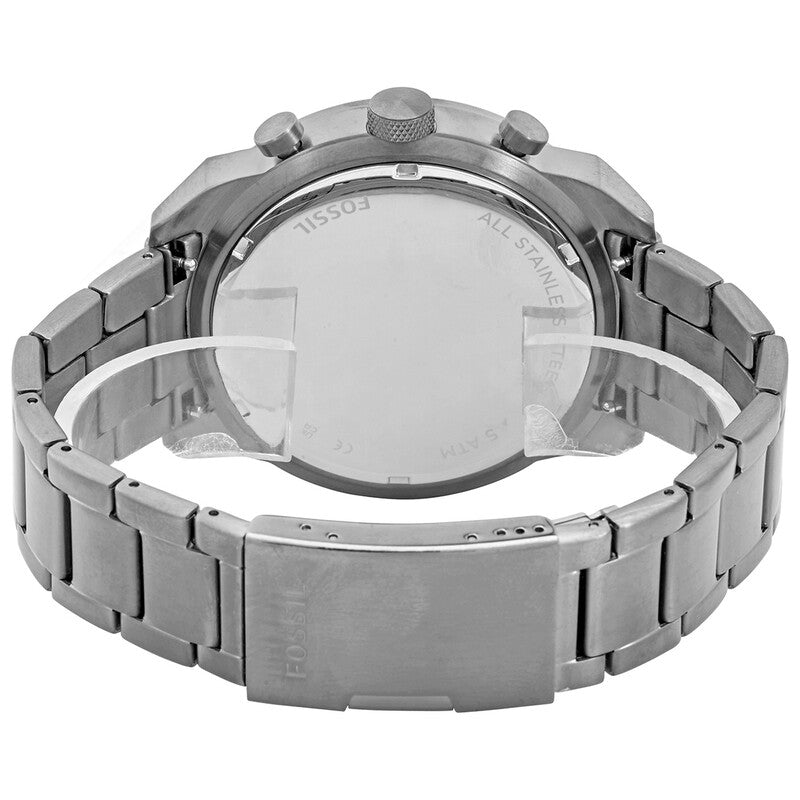 Fossil Bronson watch side view showing case profile and metal bracelet