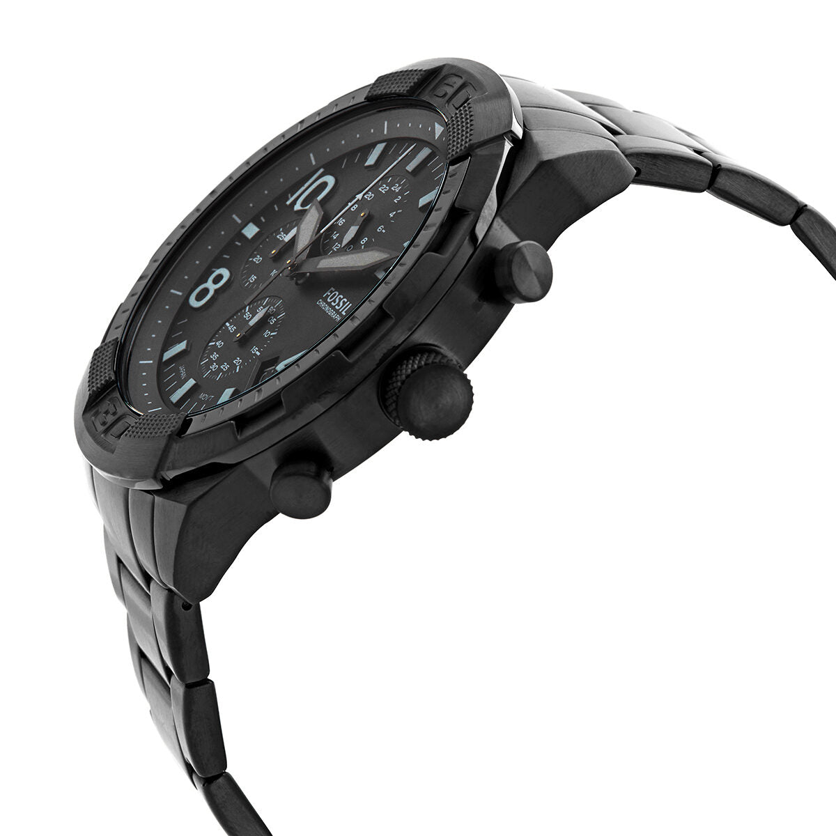 Fossil Bronson chronograph watch angled view showing black case and black strap