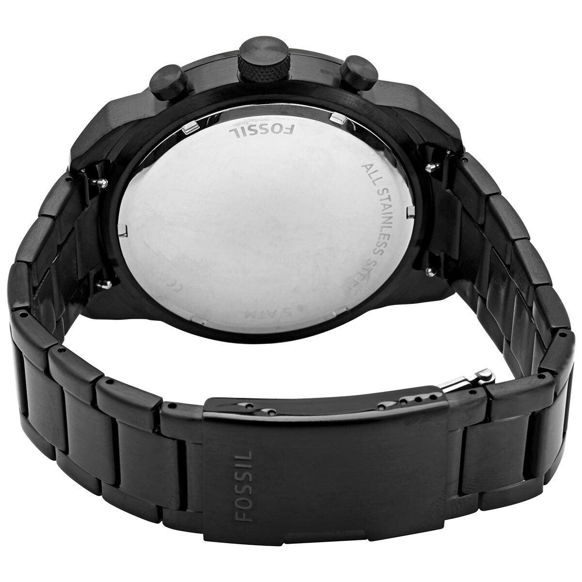 Fossil Bronson watch caseback showing stainless steel with engraved text
