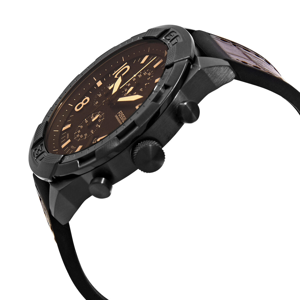 Fossil Bronson chronograph watch angled side view showing black case and brown strap
