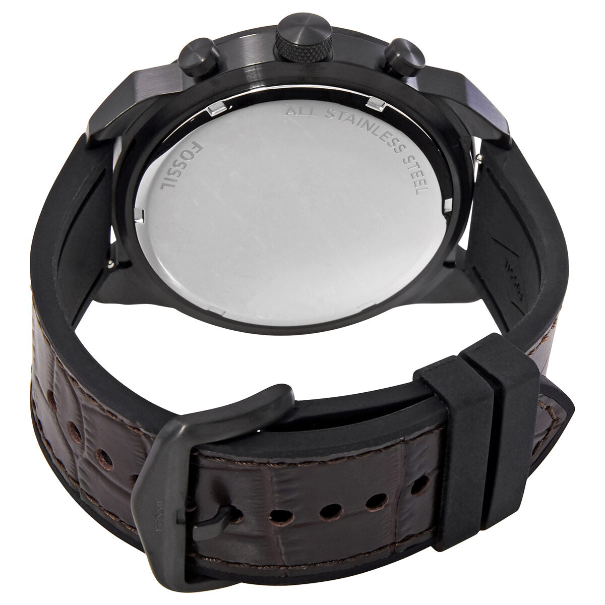 Fossil Bronson watch caseback showing stainless steel backing and strap detail