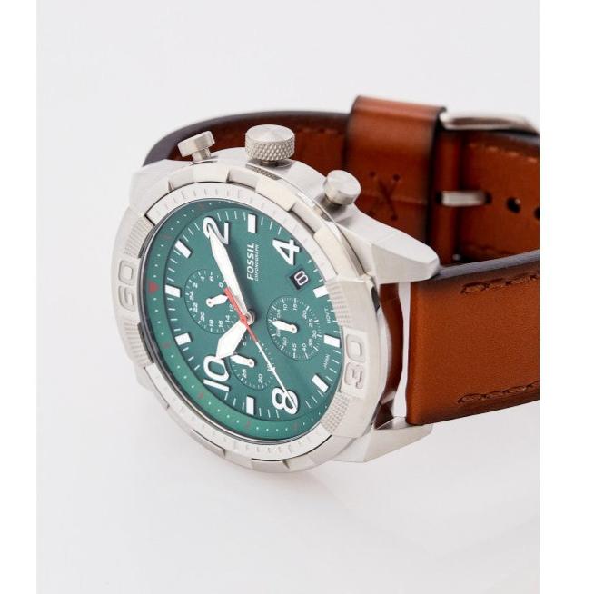 Angled view of Fossil Bronson FS5738 showing green dial and pushers on brown leather strap