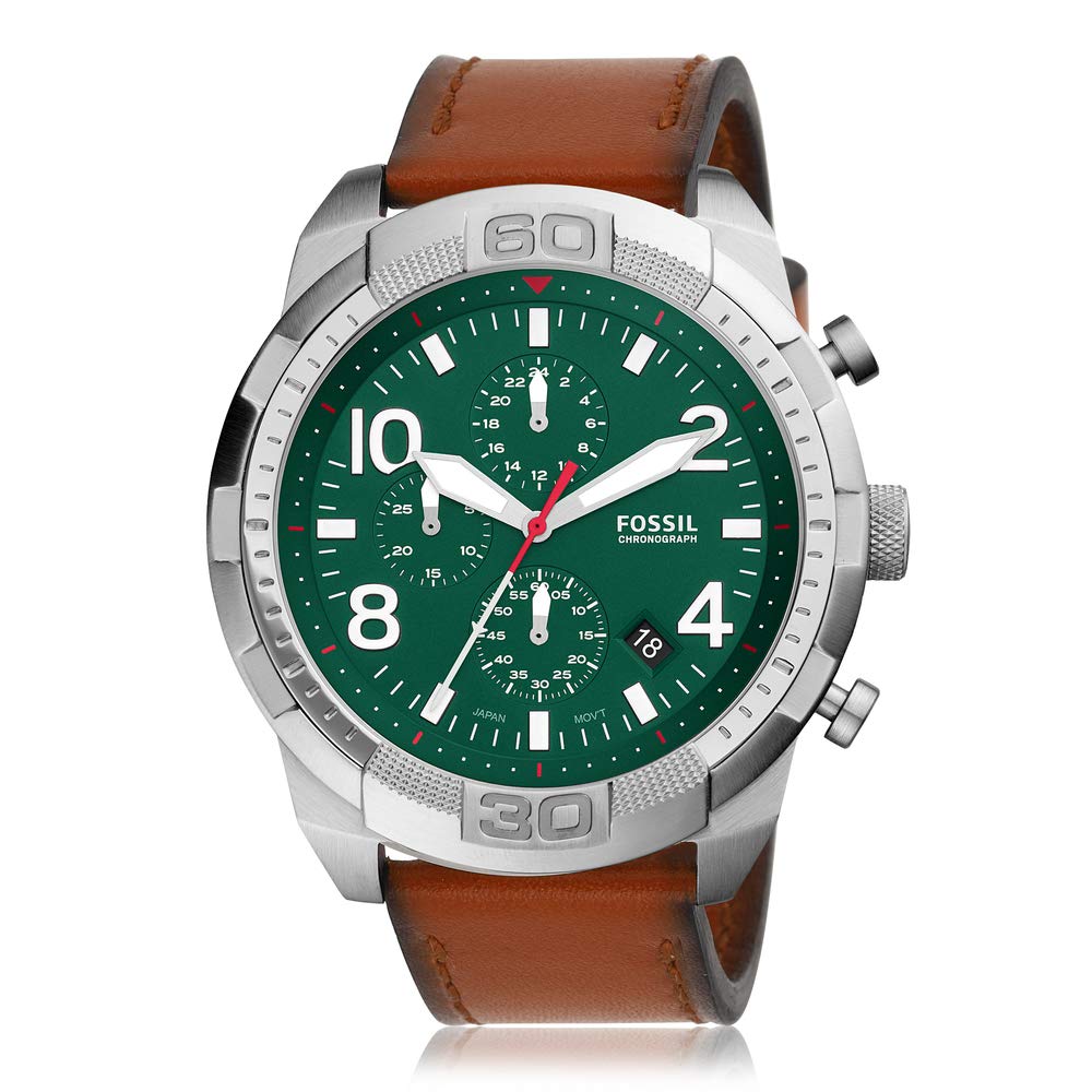 Front view of Fossil Bronson FS5738 chronograph with green dial and brown leather band