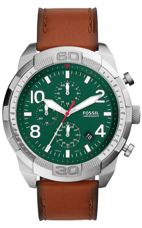 Fossil Bronson FS5738 chronograph watch with green dial, silver case, and brown leather strap