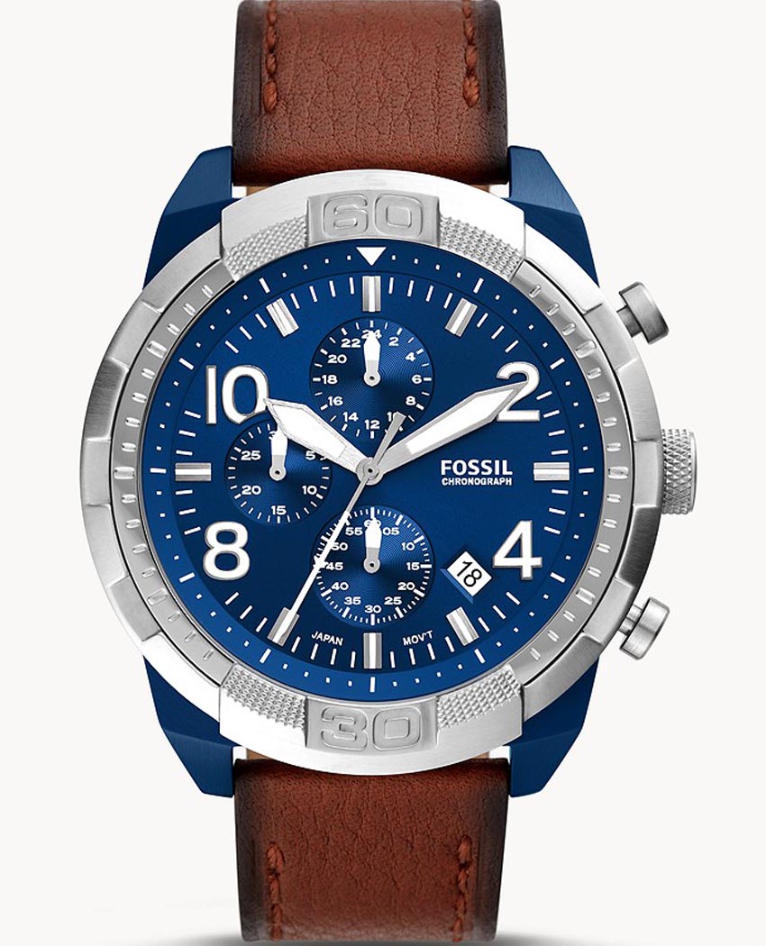 Fossil Bronson chronograph men's watch with blue dial, brown leather strap, and stainless steel case