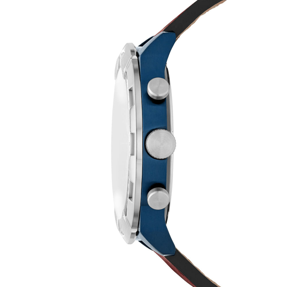 Side view of Fossil Bronson FS5829 showing chronograph pushers and blue case band