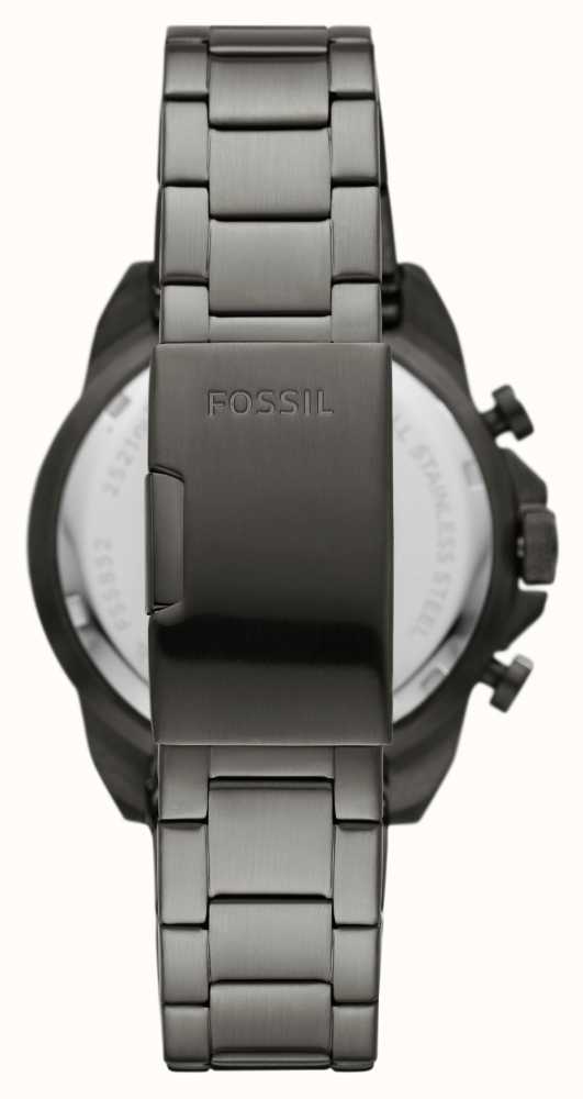 Fossil Bronson watch caseback showing stainless steel bracelet and Fossil branding