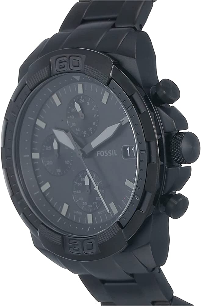 Fossil Bronson chronograph watch angled view showing black case and chronograph pushers