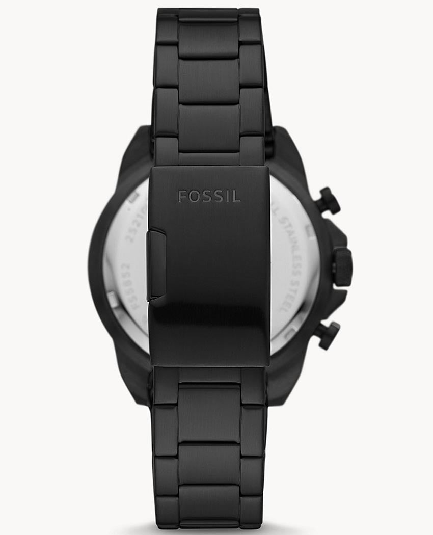 Fossil Bronson watch case back view showing transparent case back and black stainless steel bracelet