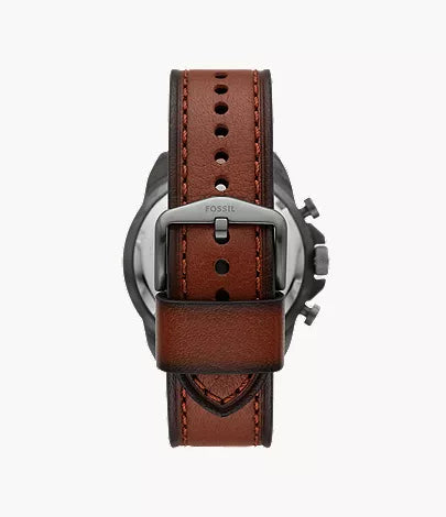 Fossil Bronson watch shown from back with brown leather strap and visible clasp detail