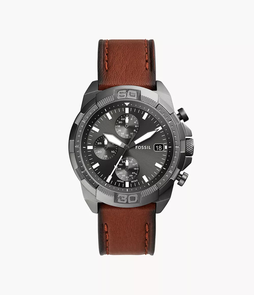 Fossil Bronson chronograph watch with black dial, stainless steel case, and brown leather strap