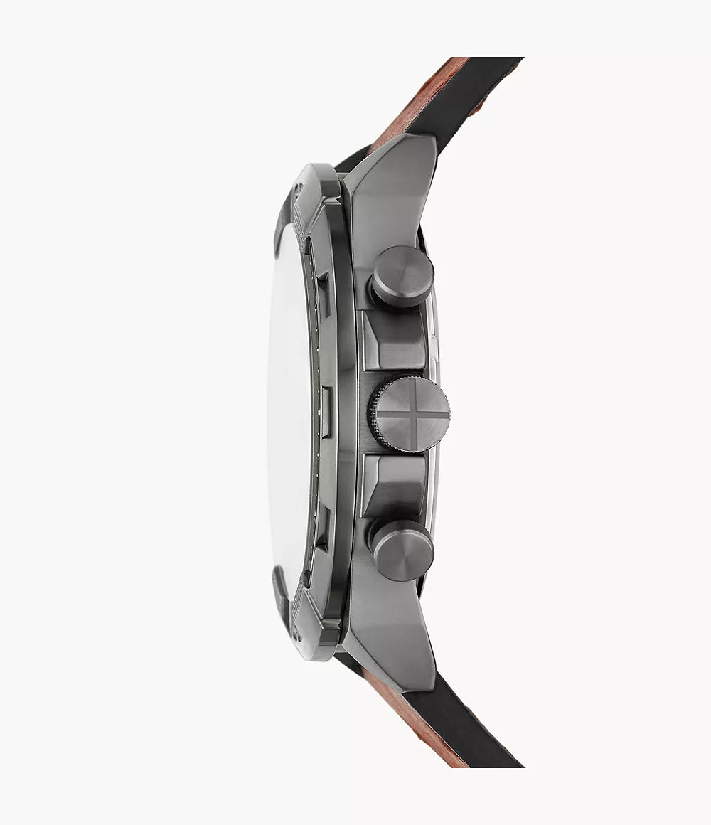 Fossil Bronson chronograph watch side view showing case profile and push buttons with brown leather strap