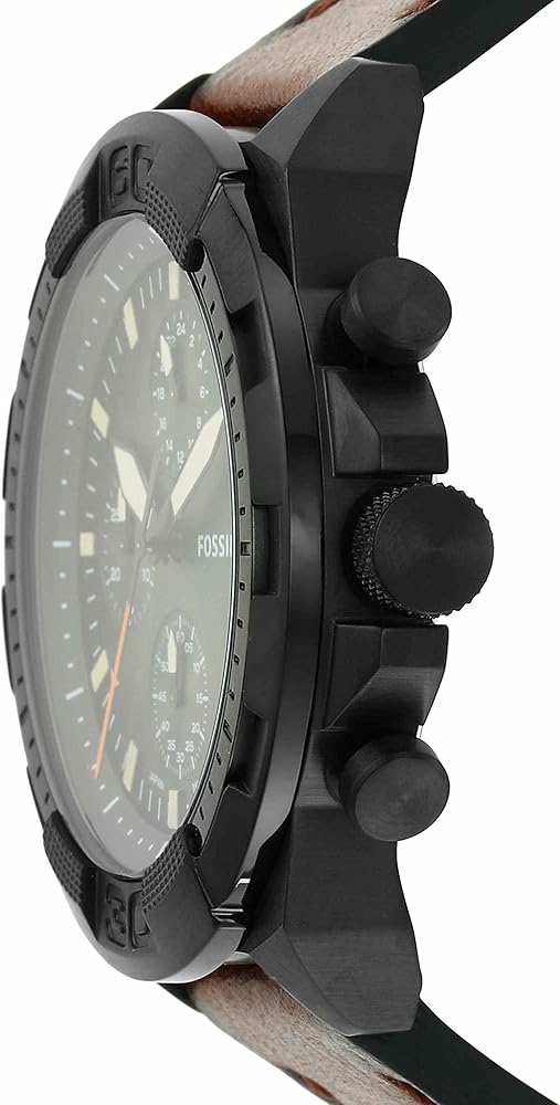 Angled view of Fossil Bronson FS5856 black case with chronograph subdials and brown strap