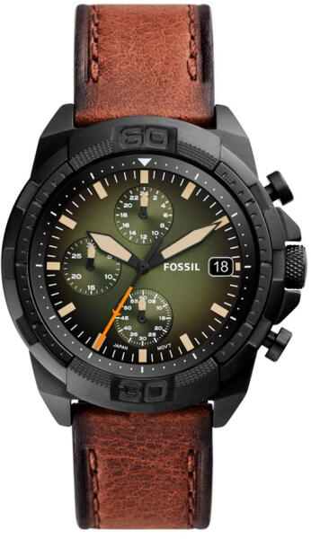 Fossil Bronson FS5856 men's chronograph watch with black dial, three subdials, and brown leather strap