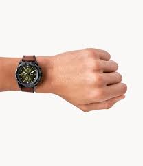 Fossil Bronson FS5856 chronograph watch worn on wrist with brown leather strap