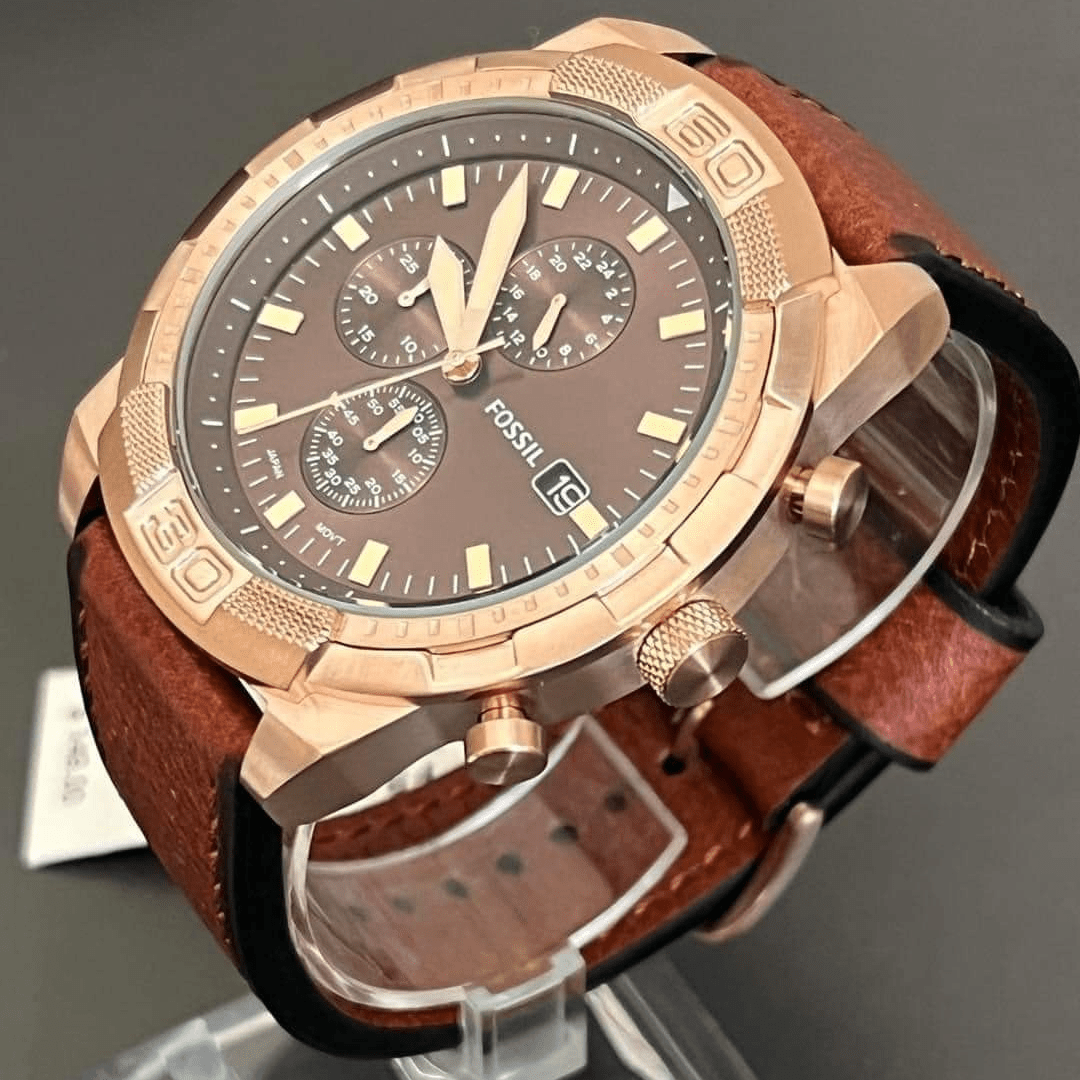 Angled view of Fossil Bronson chronograph with brown dial and subdials