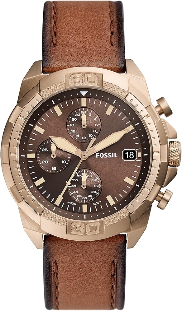 Fossil Bronson chronograph watch with brown dial, rose gold case, and brown leather strap