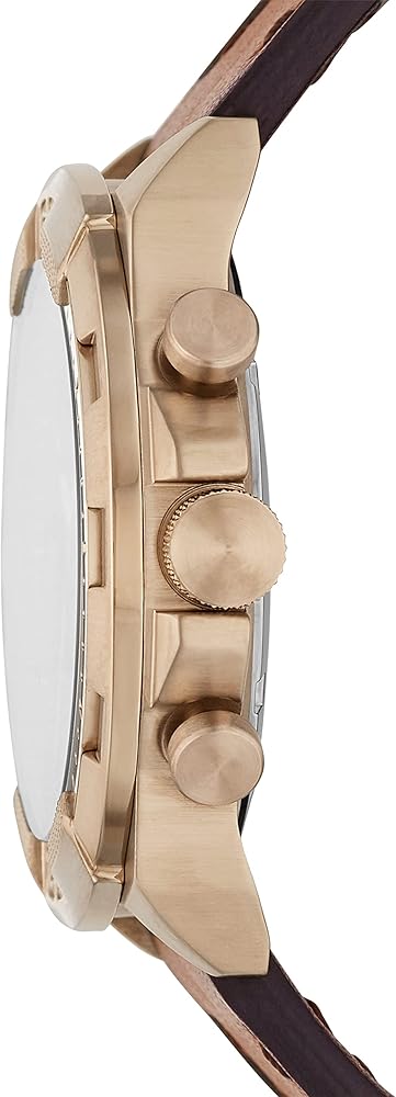 Side view of Fossil Bronson showing rose gold case profile and brown leather strap