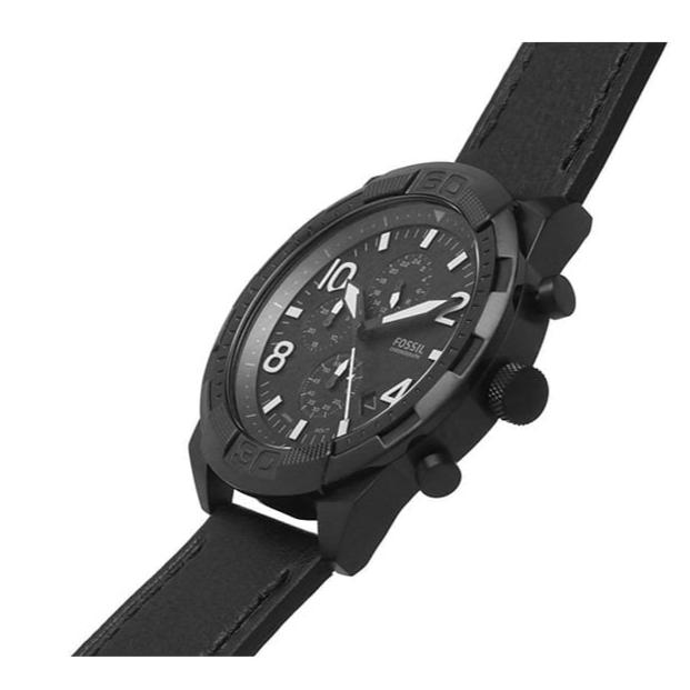 Fossil Bronson chronograph watch from angled side view showing black case and strap