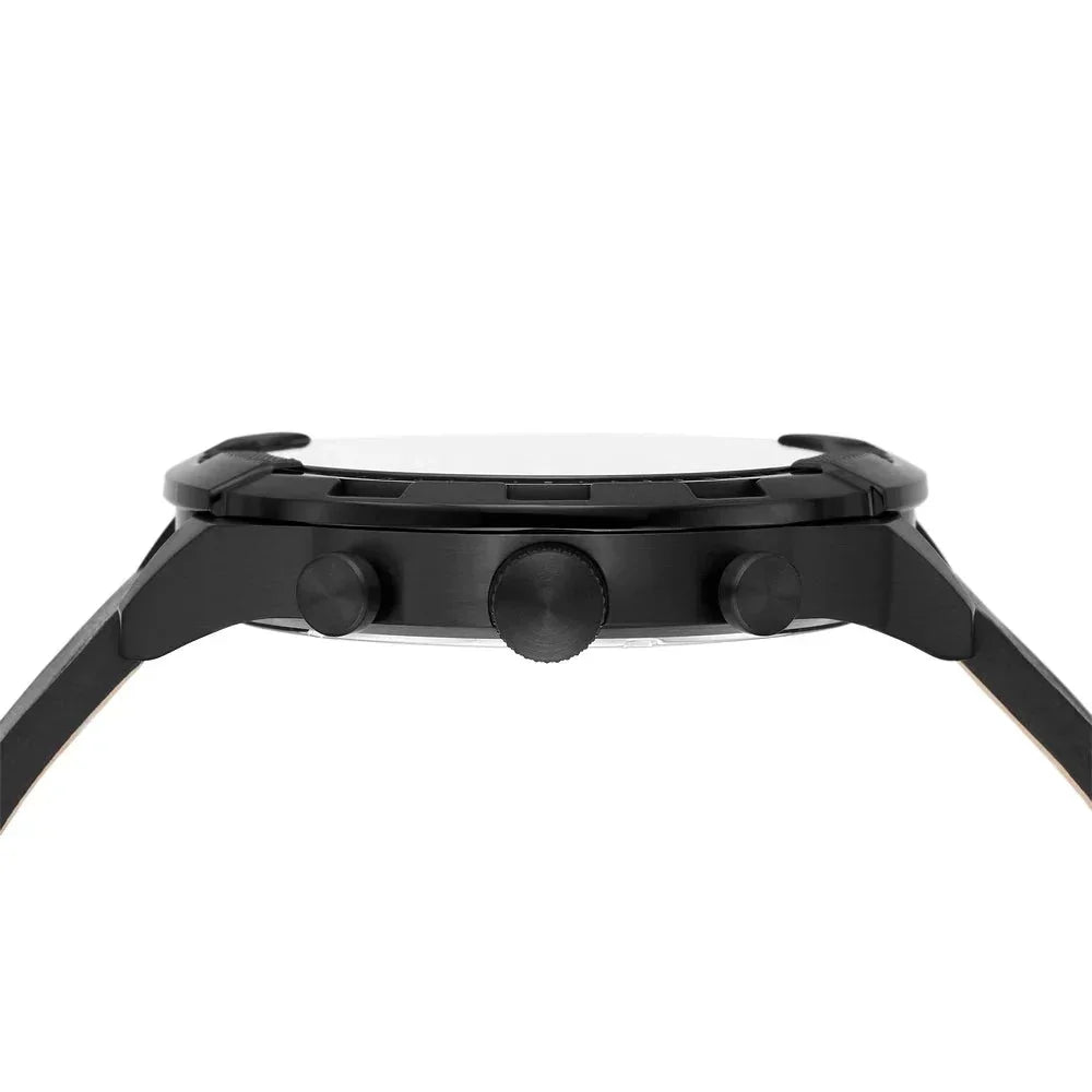 Fossil Bronson black chronograph case back detail showing pushers and lugs