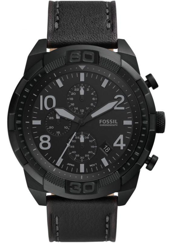 Fossil Bronson black chronograph watch with oversized black dial and eco leather strap