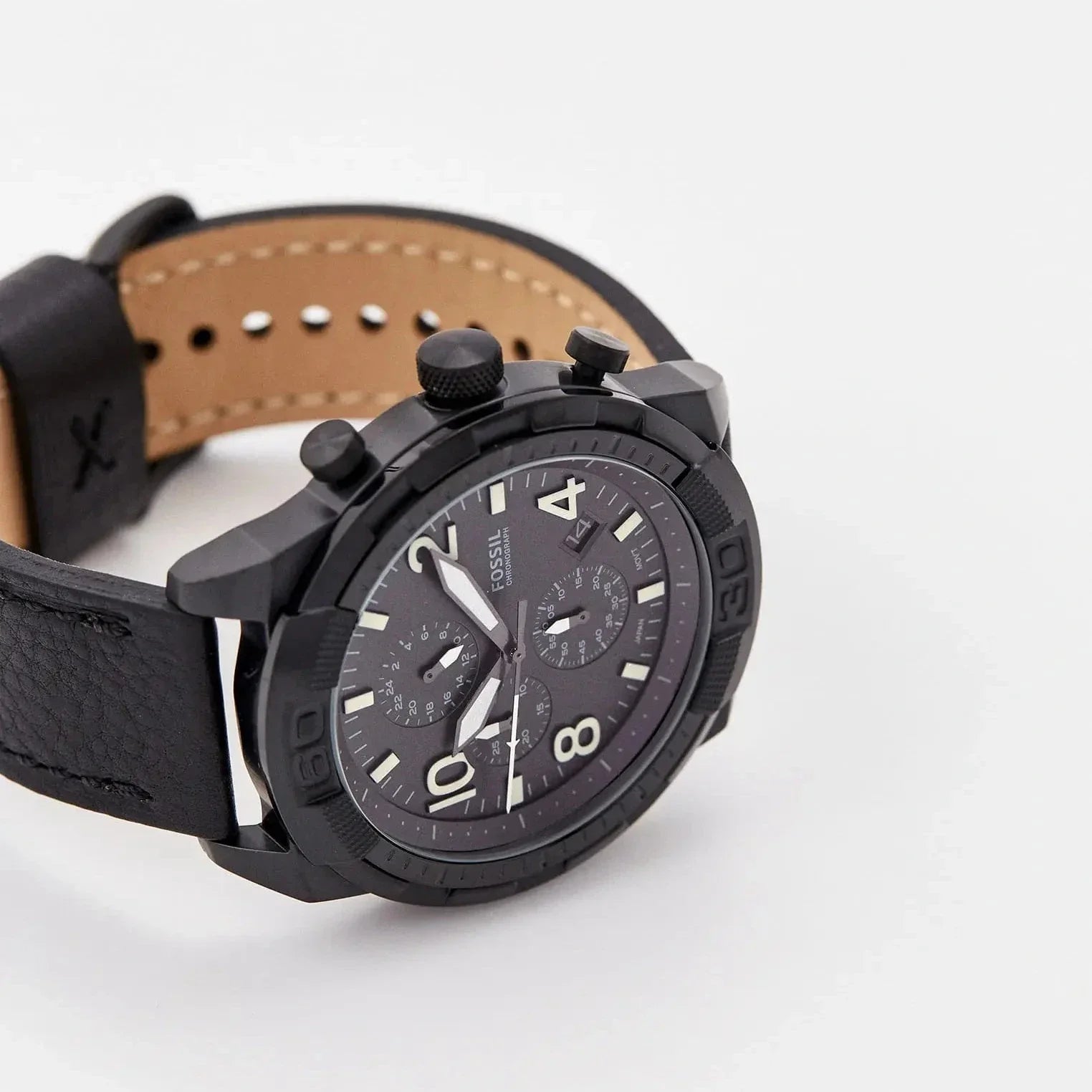 Fossil Bronson chronograph watch on wrist with black dial and eco leather band visible