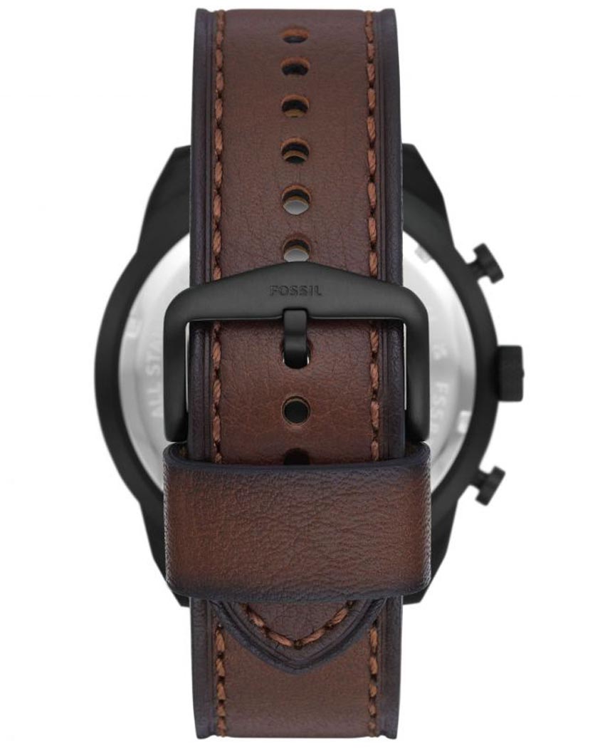Fossil Bronson watch caseback view showing brown leather strap and black stainless steel case