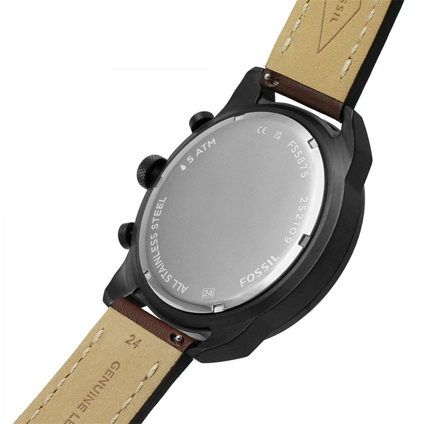Fossil Bronson watch caseback showing stainless steel back with Fossil branding and specifications
