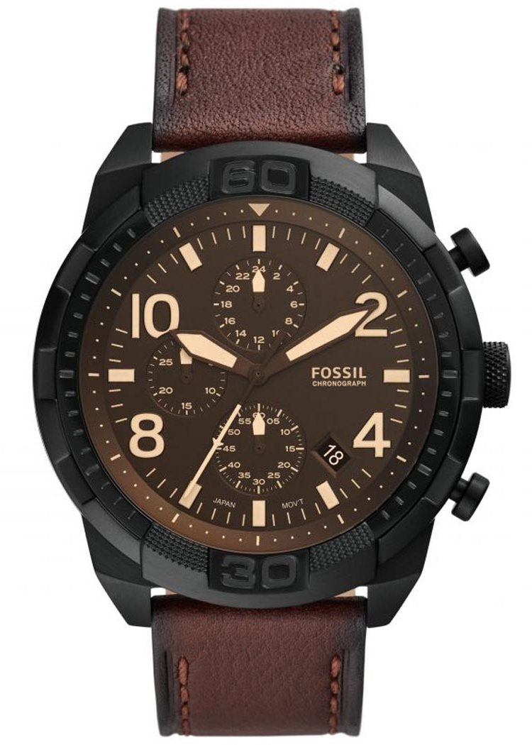 Fossil Bronson chronograph watch with black dial, dark brown leather strap, and black case