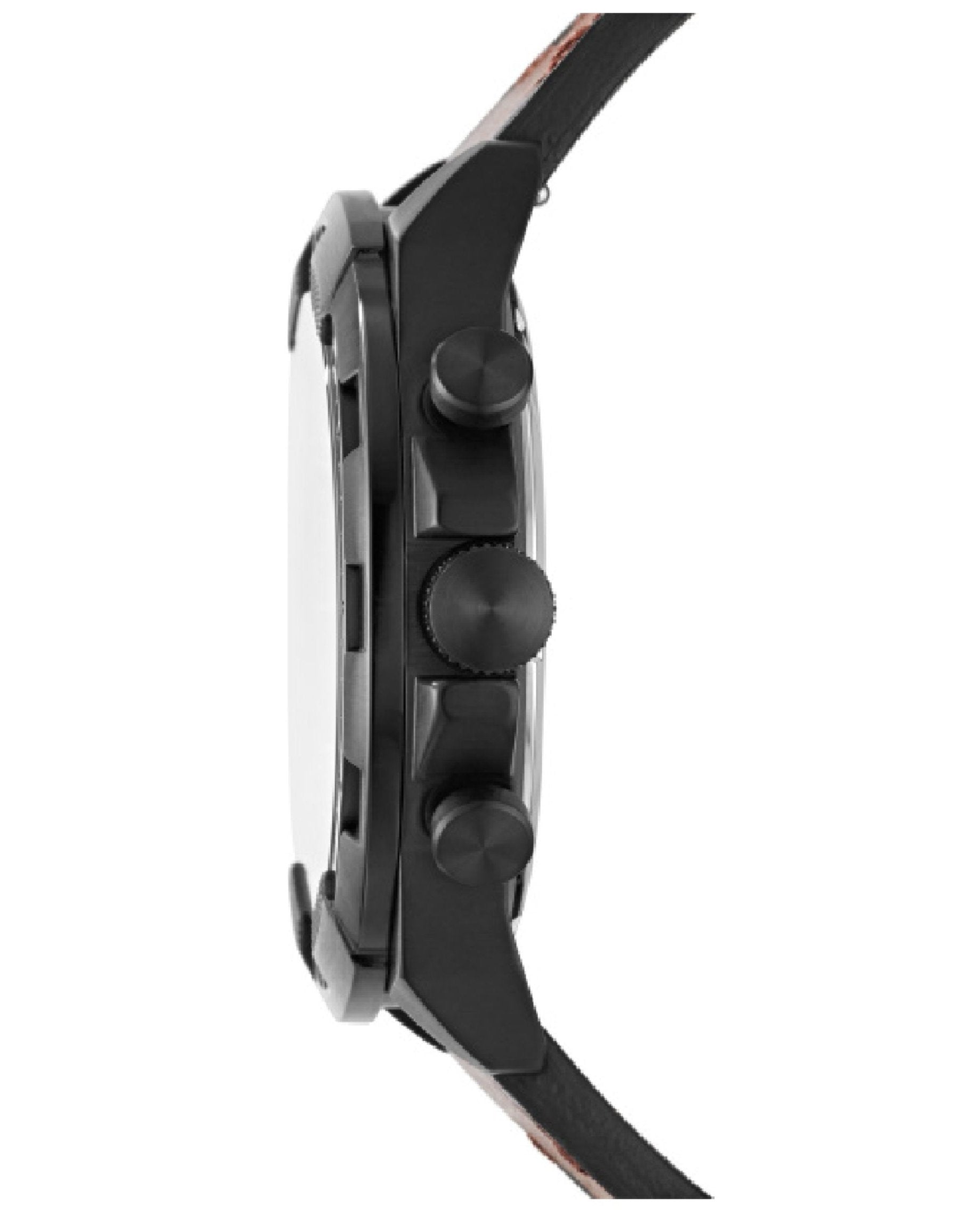 Fossil Bronson watch side view showing black case and chronograph pushers