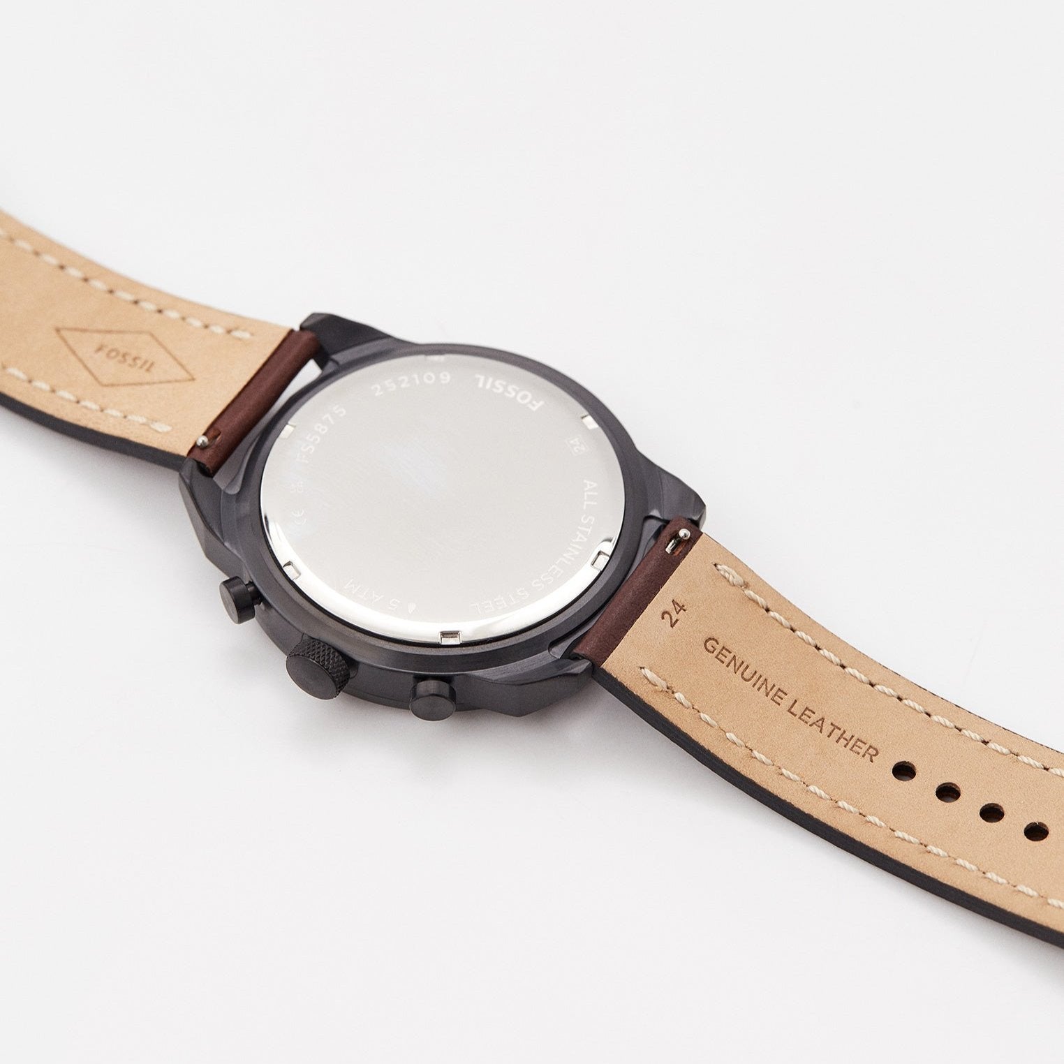 Fossil Bronson dark brown LiteHide leather strap detail with genuine leather markings