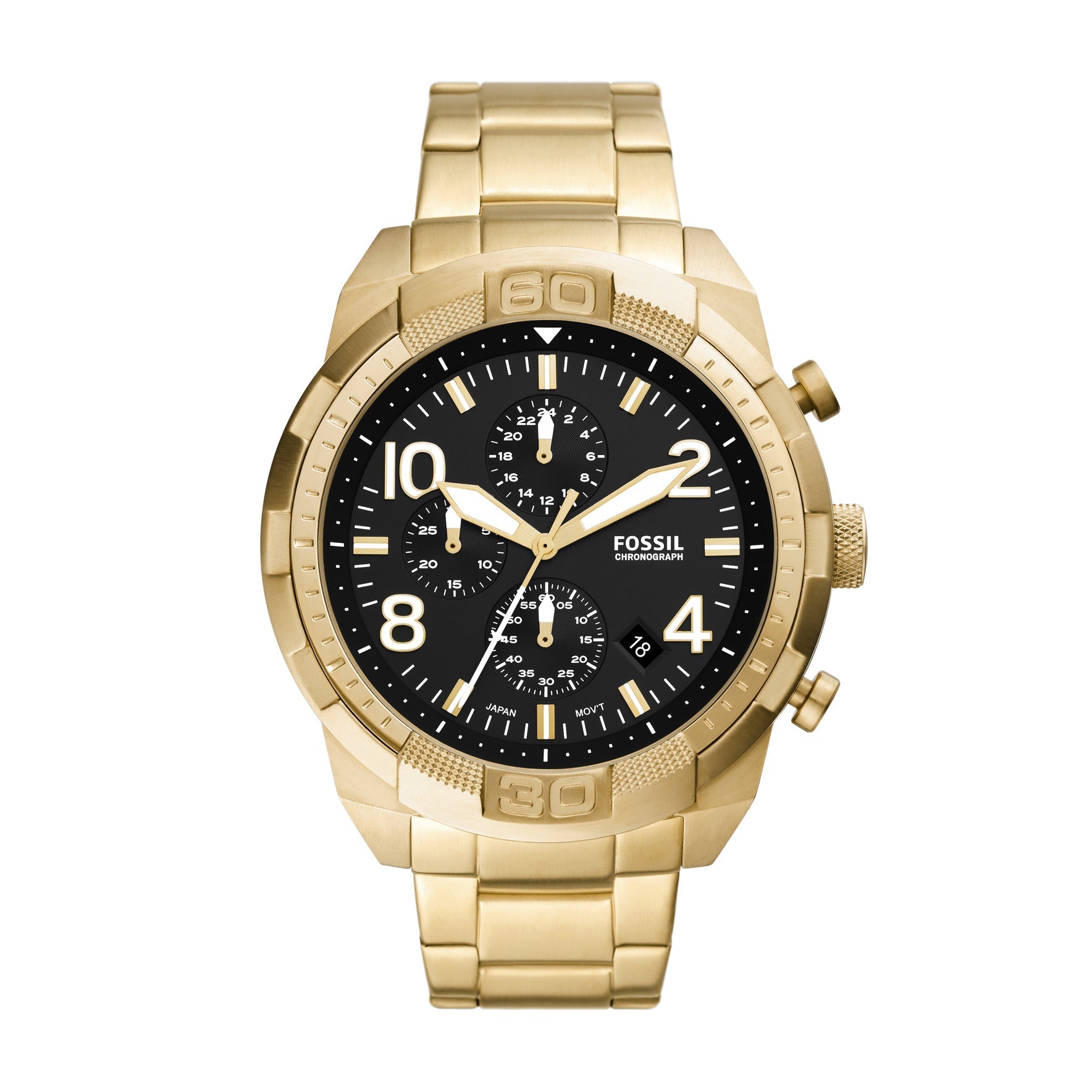 Fossil Bronson FS5877 gold men's watch with black chronograph dial and gold bracelet