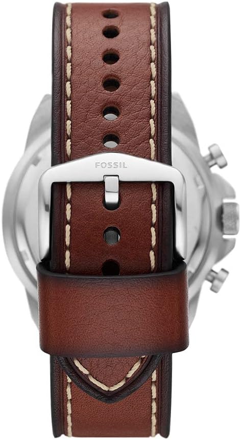 Fossil Bronson FS5898 watch caseback showing silver case with brown leather strap and buckle