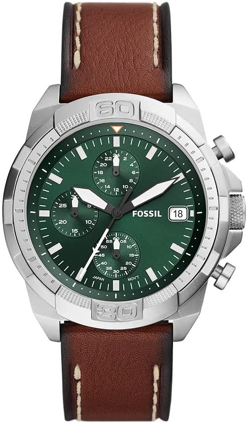 Fossil Bronson FS5898 chronograph watch with green dial, silver case, and brown leather strap