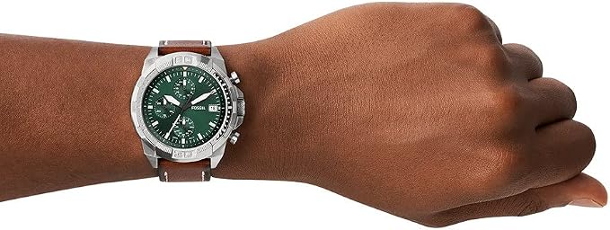 Fossil Bronson FS5898 chronograph watch worn on wrist with brown leather strap
