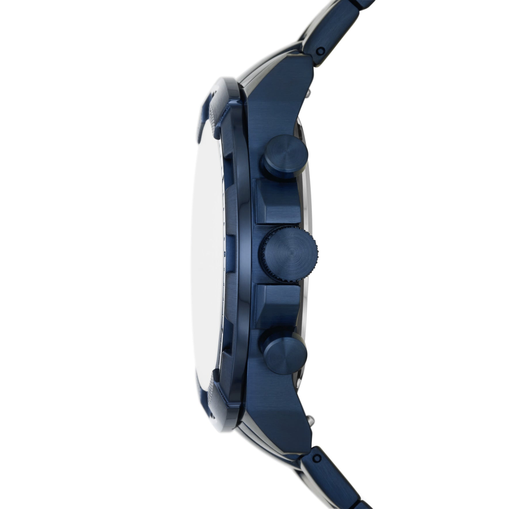 Side view of Fossil Bronson navy stainless steel chronograph watch showing case and bracelet