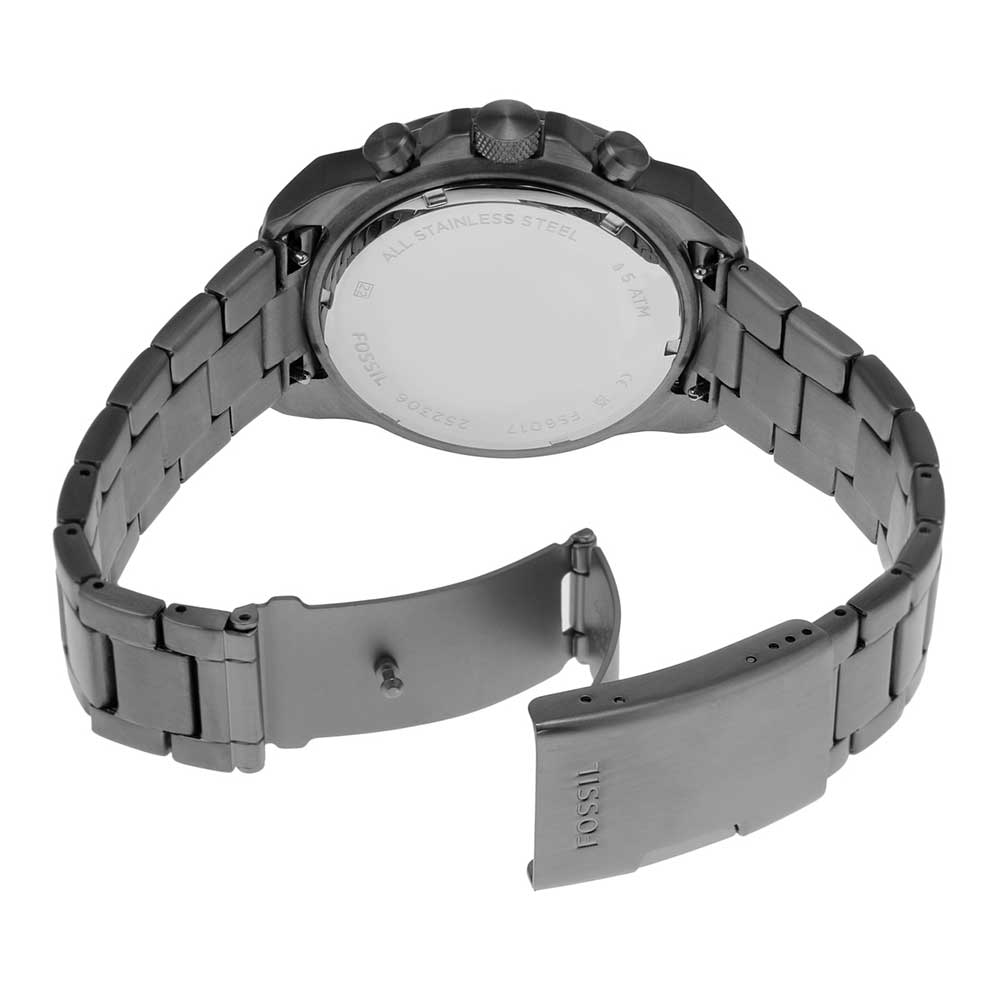 Fossil Bronson watch showing caseback and smoke stainless steel bracelet clasp