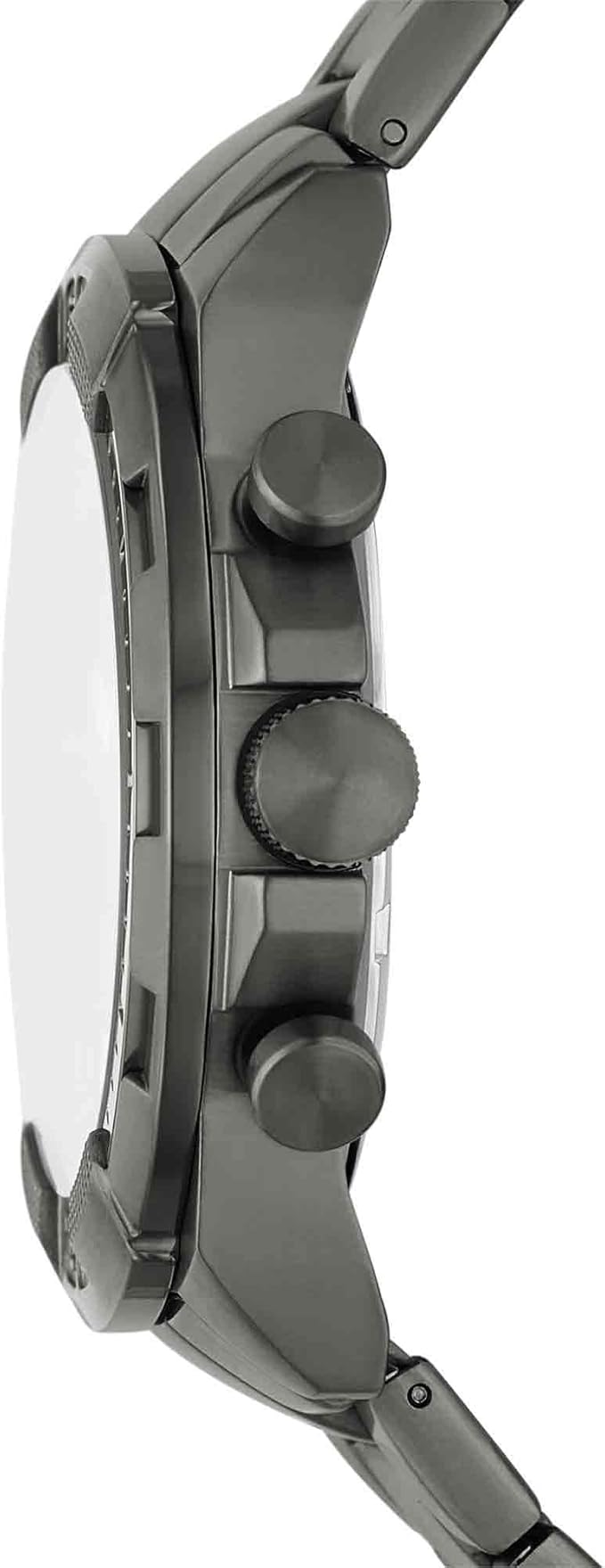 Fossil Bronson chronograph watch side profile showing smoke stainless steel case and pushers