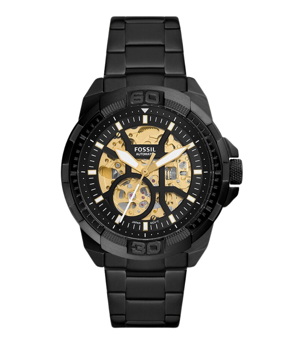 Fossil Bronson automatic watch with black stainless steel case and bracelet, skeleton dial with gold-tone movement
