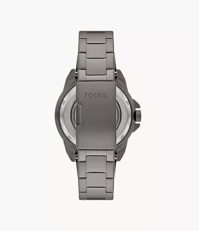 Fossil Bronson ME3218 back view showing gunmetal stainless steel bracelet and Fossil branding