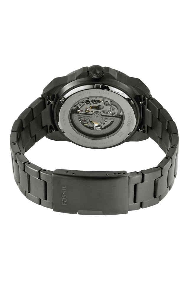Fossil Bronson ME3218 case back showing visible automatic movement and gunmetal tone