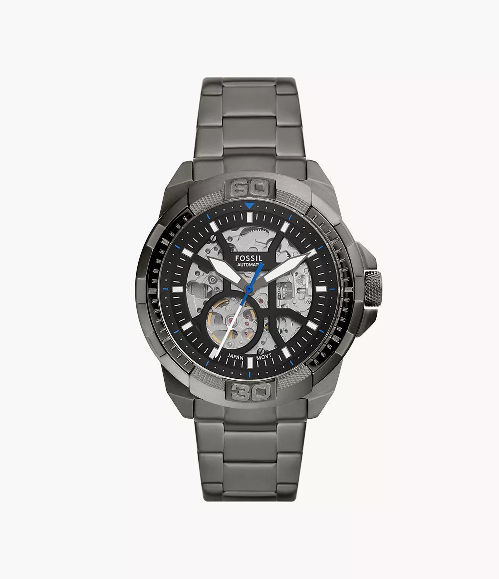 Fossil Bronson automatic men's watch with skeleton dial, black face, and gunmetal stainless steel bracelet