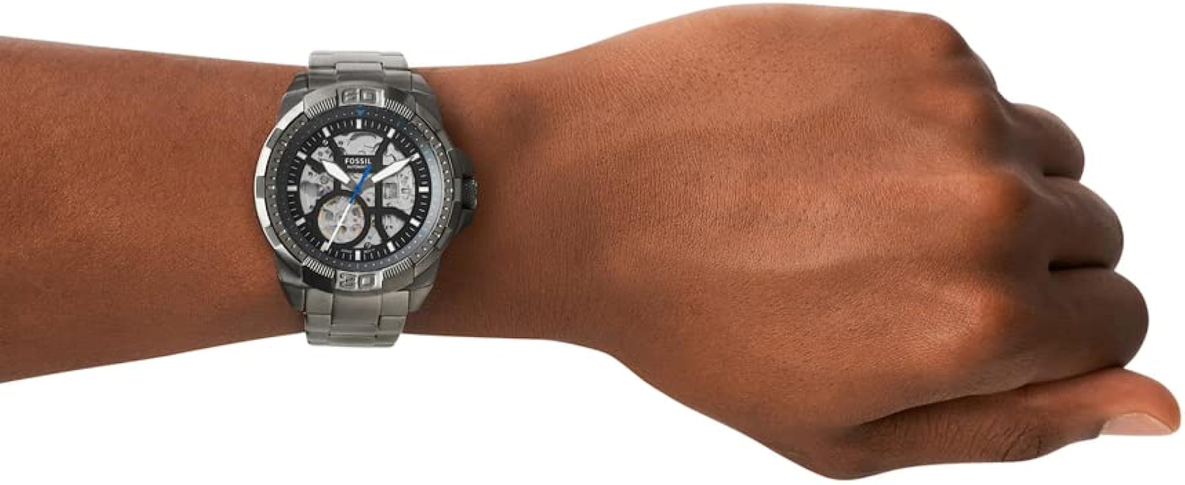 Fossil Bronson ME3218 automatic watch worn on wrist with gunmetal bracelet