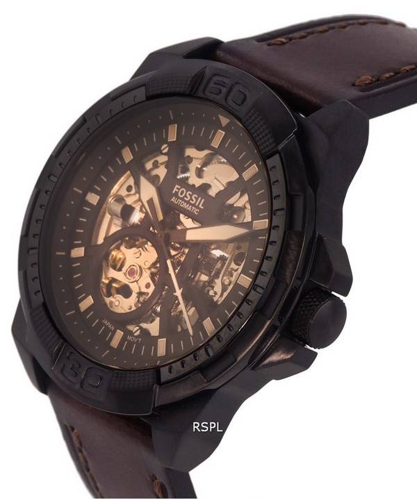 Fossil Bronson watch side angle view showing skeleton dial and brown leather strap
