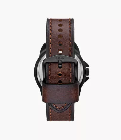 Fossil Bronson watch caseback view showing brown LiteHide leather strap