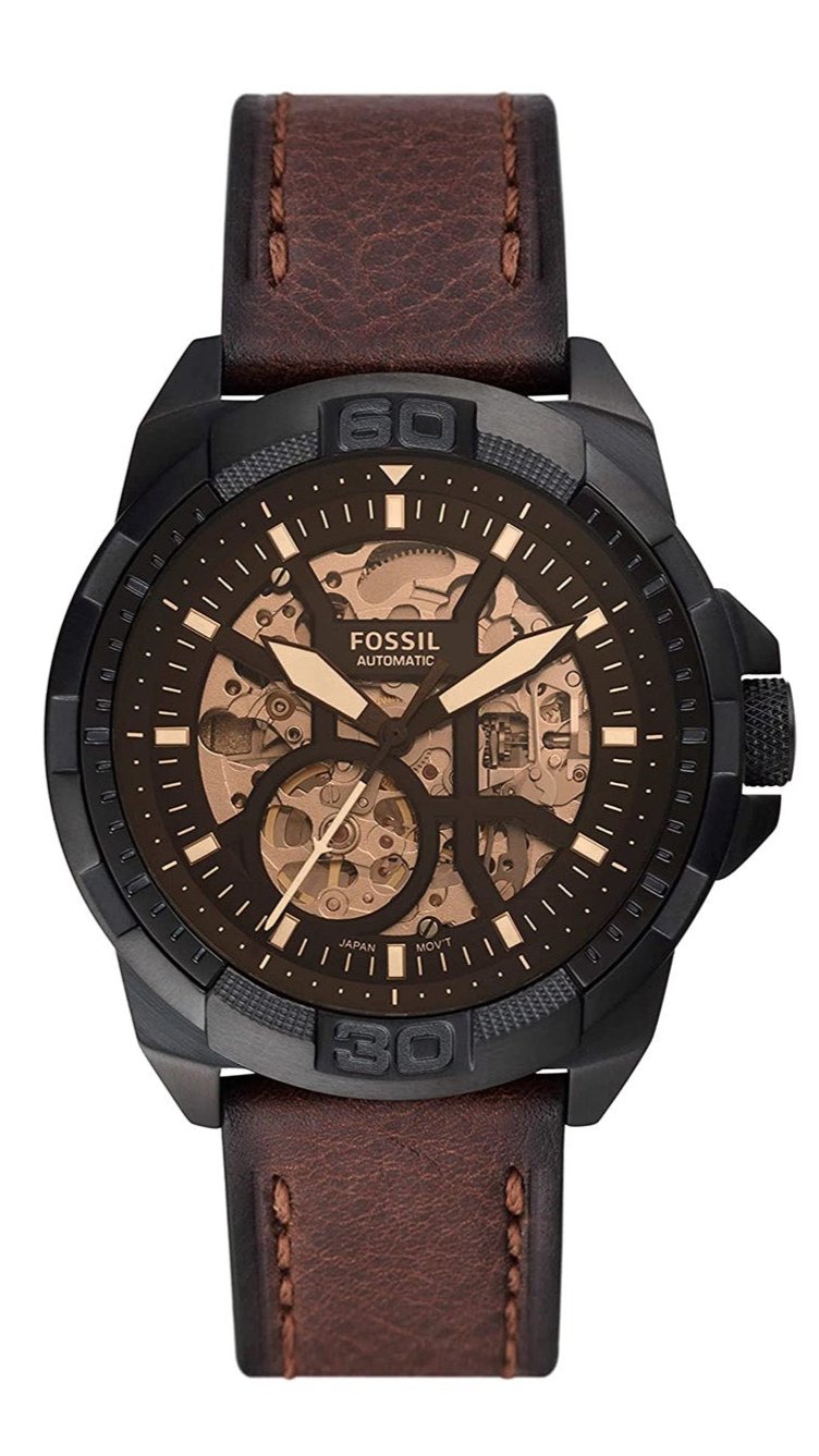 Fossil Bronson automatic watch with black case, skeleton dial, and brown leather strap