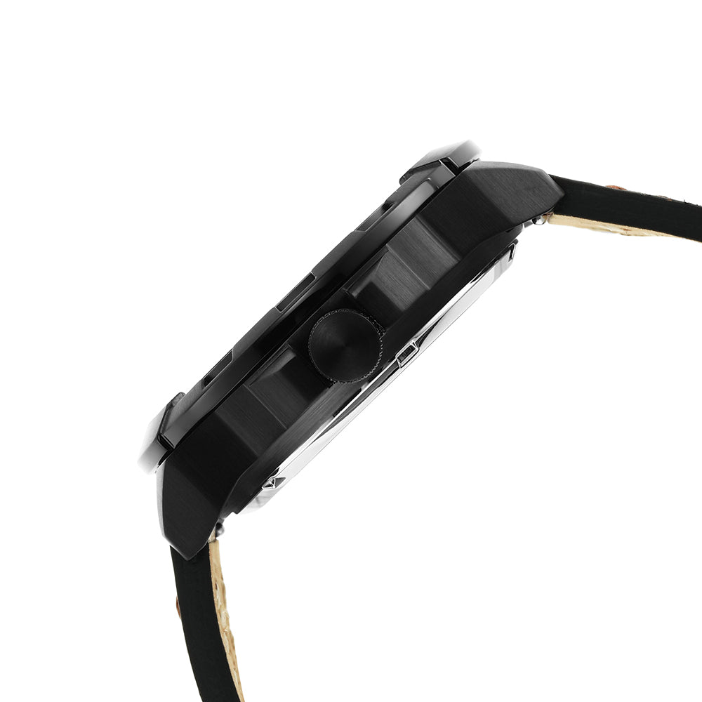 Fossil Bronson watch side profile with black case and leather strap