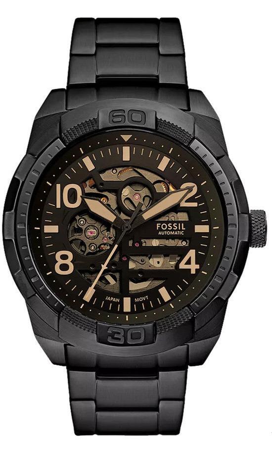 Fossil Bronson ME3256 automatic watch with black stainless steel case and skeleton dial showing gold numerals
